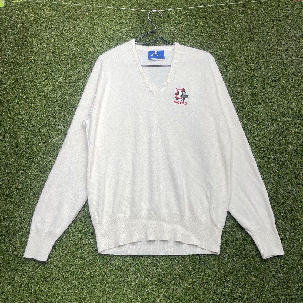Vintage Ohio State University Sweater Mens Large Champion V Neck Dad White OSU